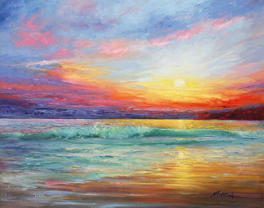 Kleurrijk schilderij van een zonsopgang boven zee met reflecties op het water, natuurschoon